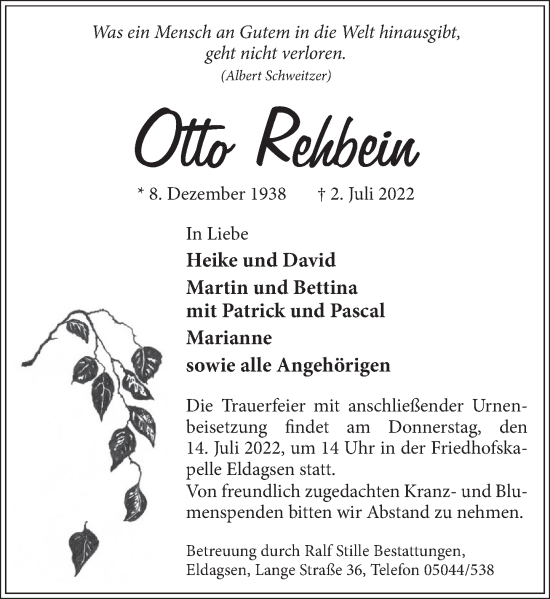 Traueranzeige von Otto Rehbein von Neue Deister-Zeitung