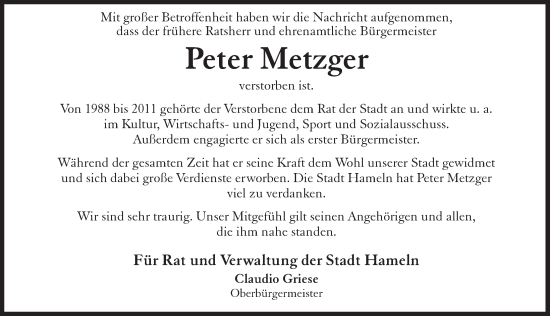 Traueranzeige von Peter Metzger von Deister- und Weserzeitung