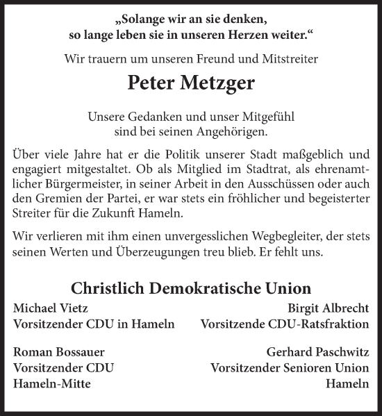 Traueranzeige von Peter Metzger von Deister- und Weserzeitung