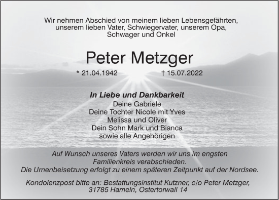 Traueranzeige von Peter Metzger von Deister- und Weserzeitung