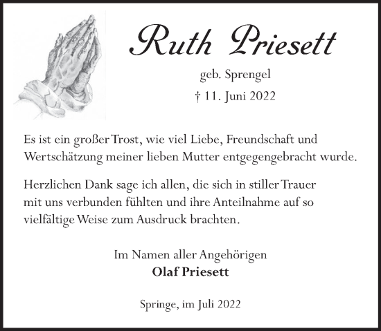 Traueranzeige von Ruth Priesett von Neue Deister-Zeitung