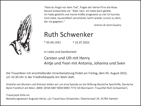 Traueranzeige von Ruth Schwenker von Deister- und Weserzeitung
