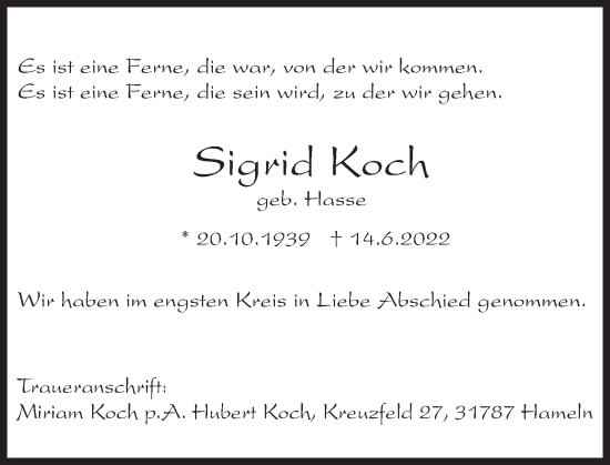 Traueranzeige von Sigrid Koch von Deister- und Weserzeitung