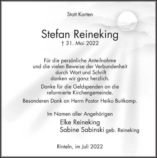 Traueranzeige von Stefan Reineking von Deister- und Weserzeitung