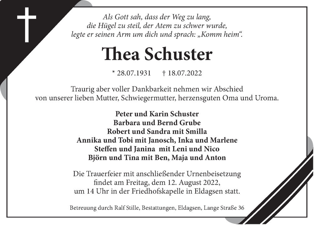  Traueranzeige für Thea Schuster vom 30.07.2022 aus Neue Deister-Zeitung