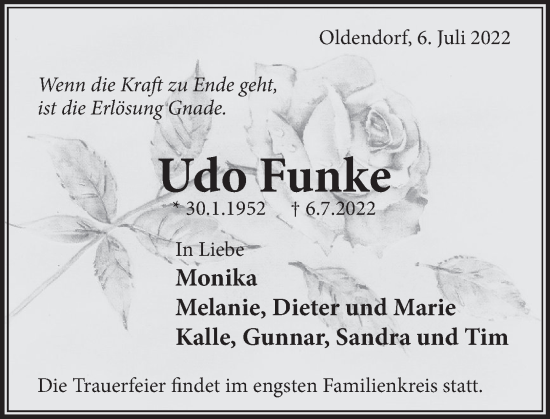 Traueranzeige von Udo Funke von Deister- und Weserzeitung