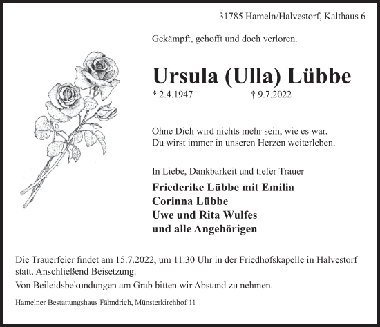 Traueranzeige von Ursula  Lübbe von Deister- und Weserzeitung