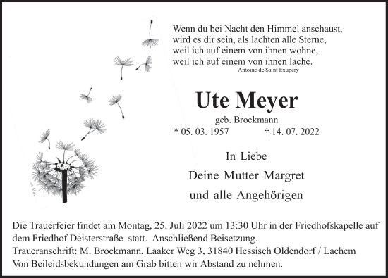 Traueranzeige von Ute Meyer von Deister- und Weserzeitung
