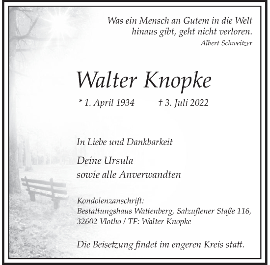 Traueranzeige von Walter Knopke von Deister- und Weserzeitung