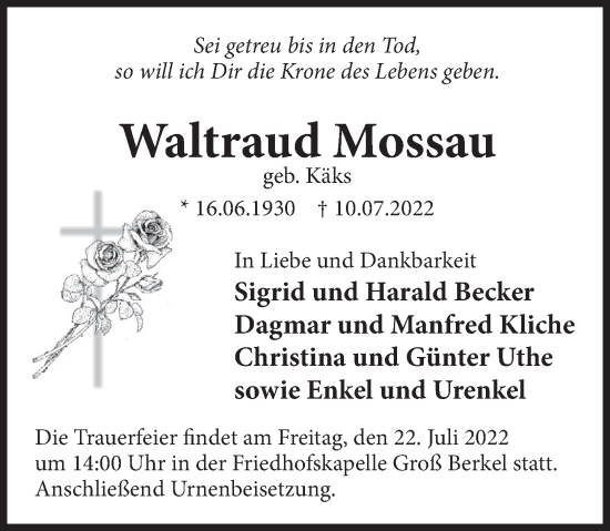 Traueranzeige von Waltraud Mossau von Deister- und Weserzeitung