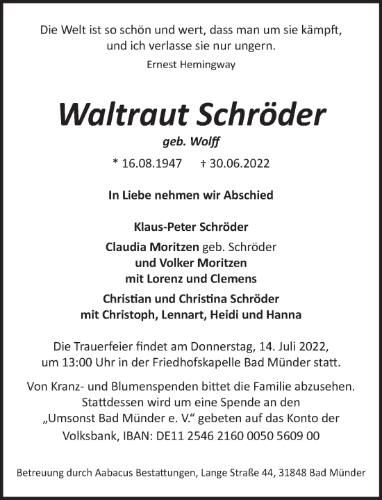 Traueranzeige von Waltraut Schröder von Neue Deister-Zeitung