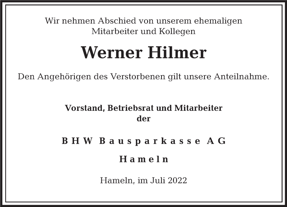  Traueranzeige für Werner Hilmer vom 12.07.2022 aus Deister- und Weserzeitung