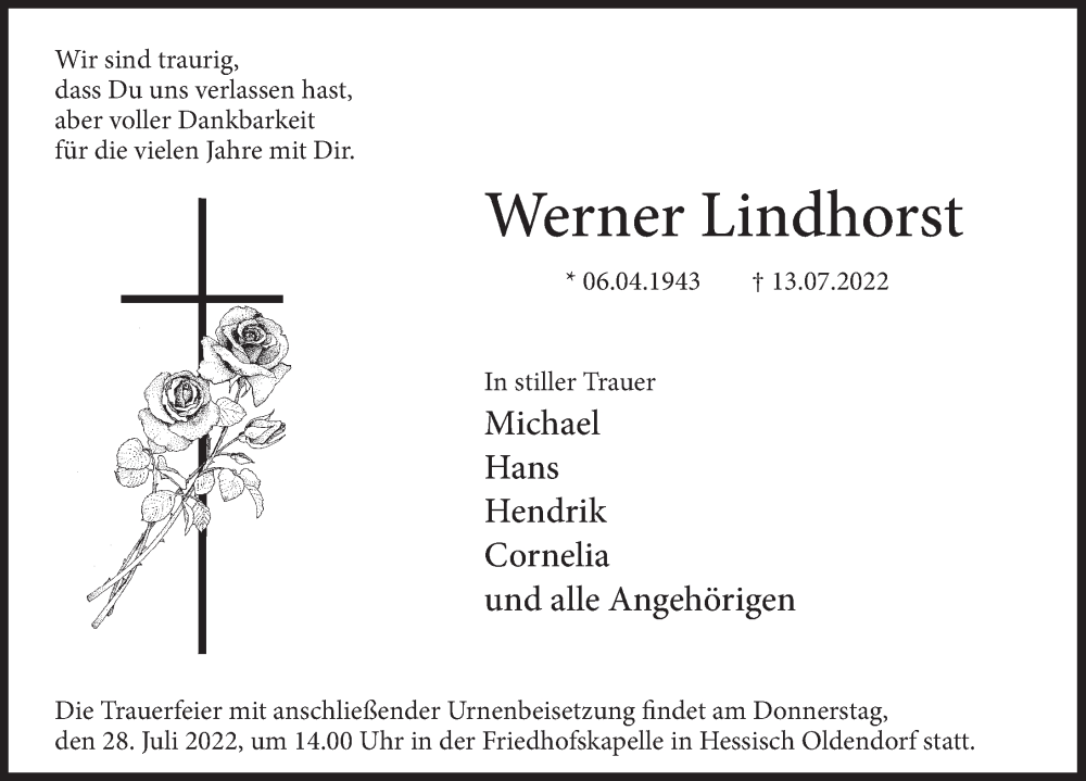  Traueranzeige für Werner Lindhorst vom 23.07.2022 aus Deister- und Weserzeitung