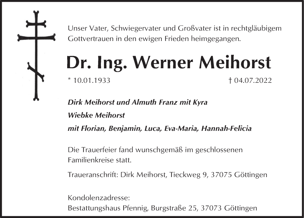  Traueranzeige für Werner Meihorst vom 23.07.2022 aus Deister- und Weserzeitung