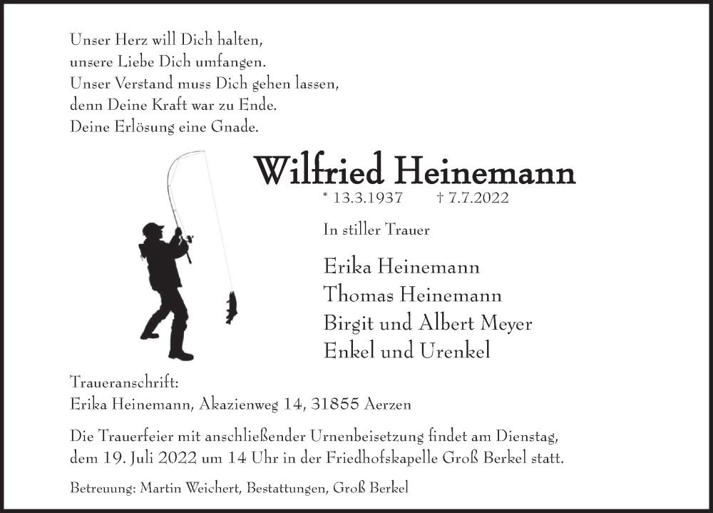  Traueranzeige für Wilfried Heinemann vom 15.07.2022 aus Deister- und Weserzeitung