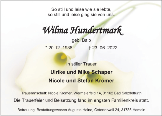 Traueranzeige von Wilma Hundertmark von Deister- und Weserzeitung