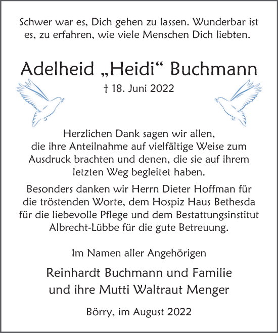 Traueranzeige von Adelheid Buchmann von Deister- und Weserzeitung