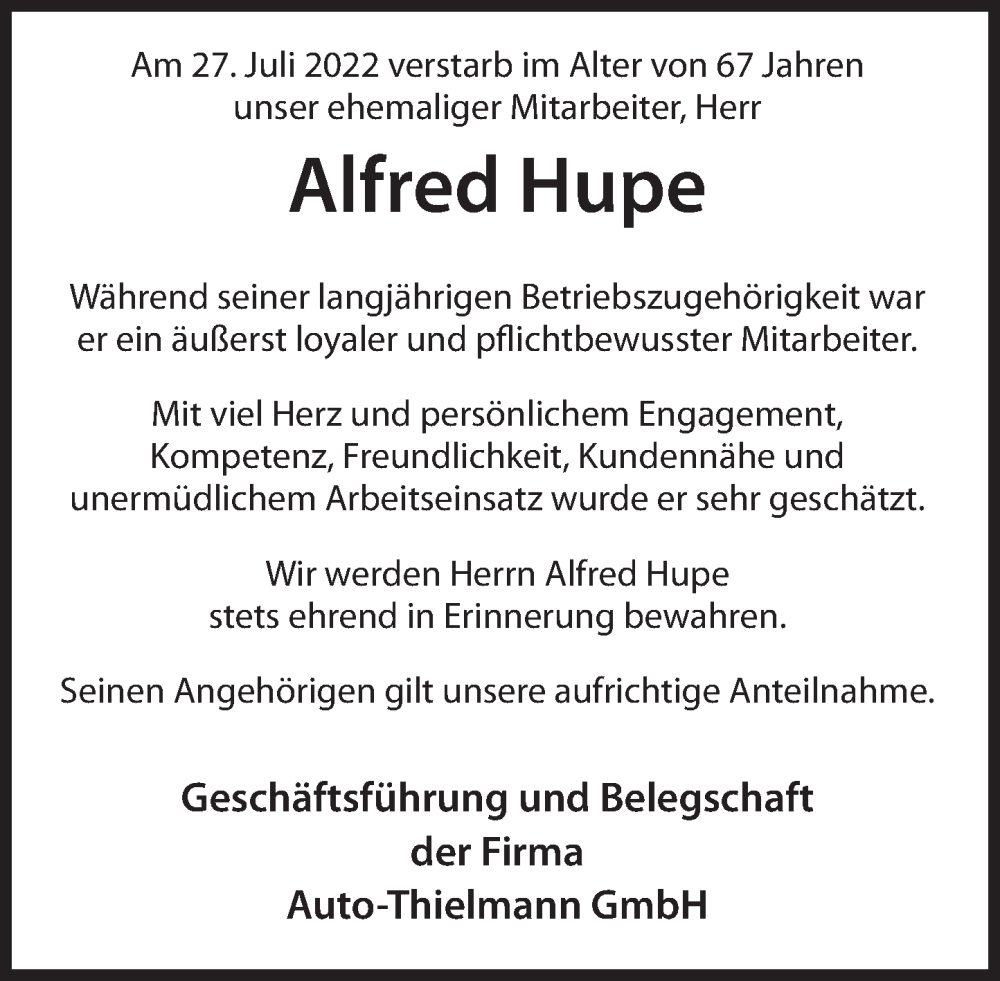  Traueranzeige für Alfred  Hupe vom 06.08.2022 aus Deister- und Weserzeitung