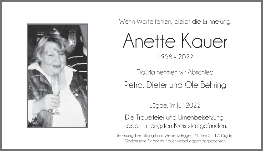  Traueranzeige für Anette Kauer vom 13.08.2022 aus Deister- und Weserzeitung
