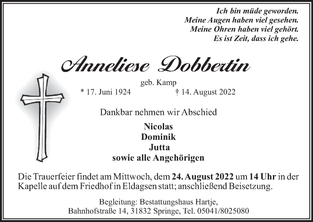  Traueranzeige für Anneliese Dobbertin vom 20.08.2022 aus Neue Deister-Zeitung