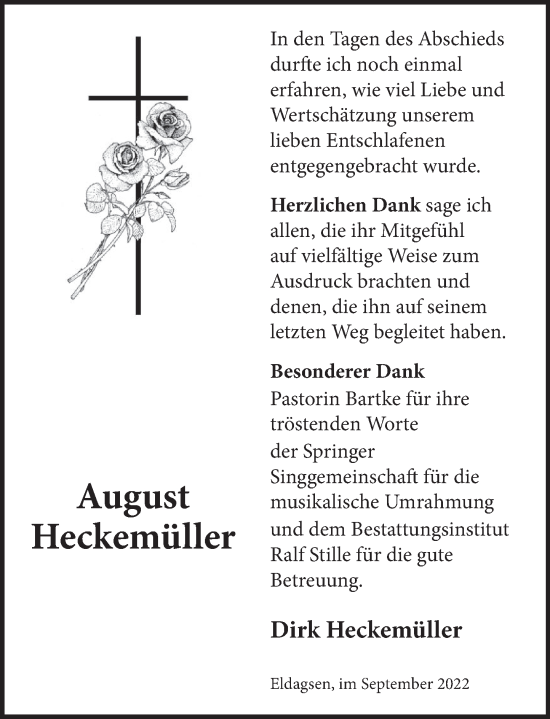Traueranzeige von August Heckemüller von Neue Deister-Zeitung