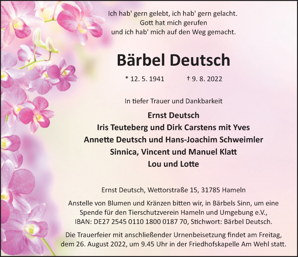  Traueranzeige für Bärbel Deutsch vom 20.08.2022 aus Deister- und Weserzeitung
