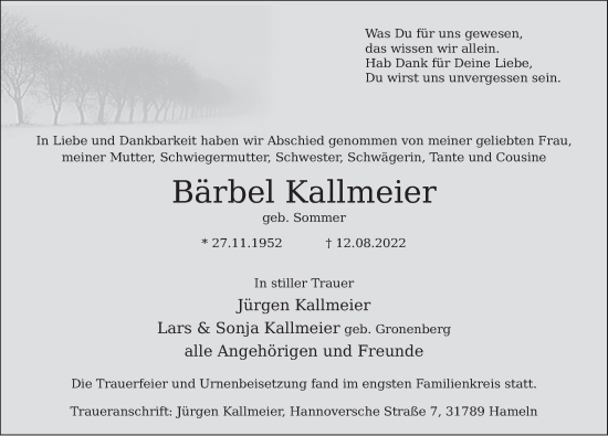 Traueranzeige von Bärbel Kallmeier von Deister- und Weserzeitung