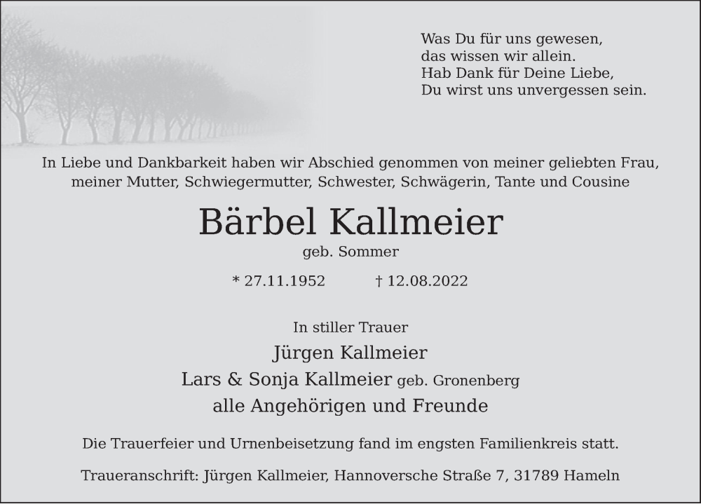  Traueranzeige für Bärbel Kallmeier vom 27.08.2022 aus Deister- und Weserzeitung