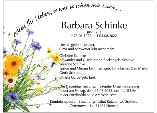 Traueranzeige von Barbara Schinke von Deister- und Weserzeitung