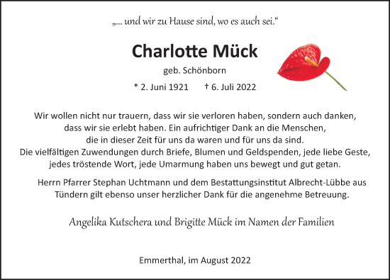 Traueranzeige von Charlotte Mück von Deister- und Weserzeitung