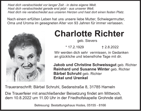 Traueranzeige von Charlotte Richter von Deister- und Weserzeitung