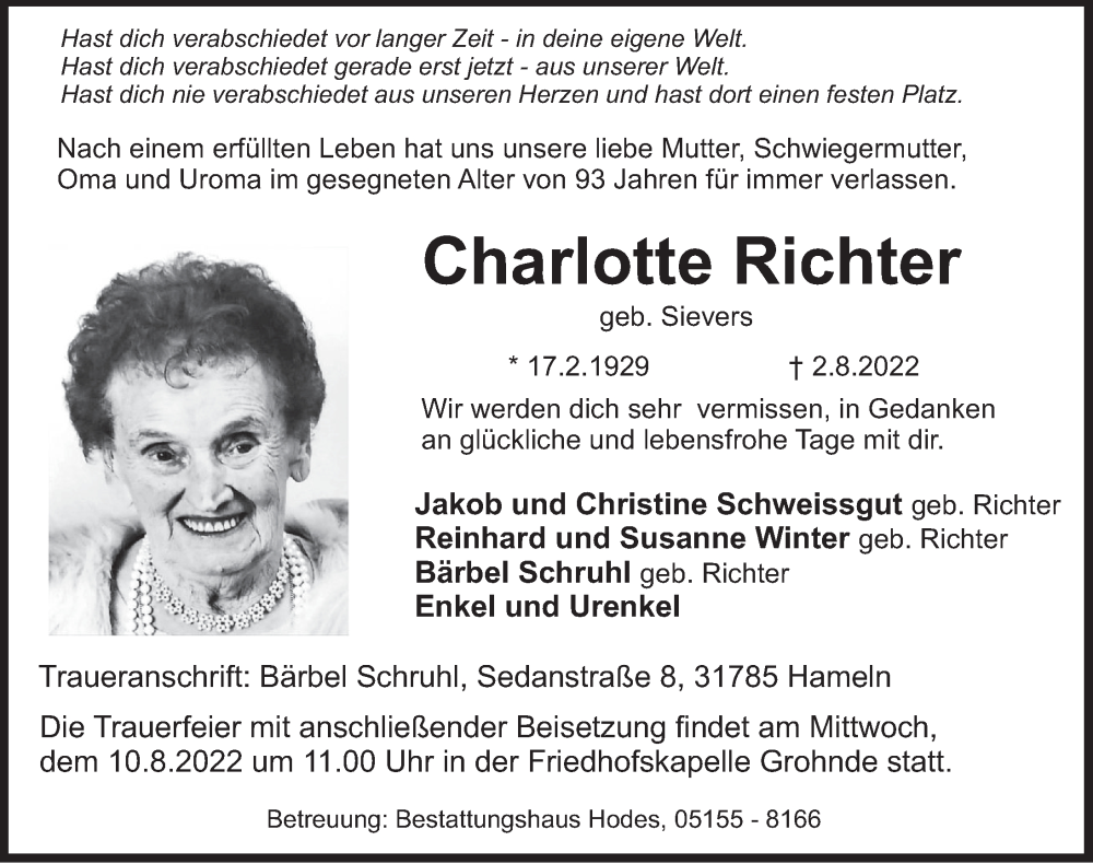  Traueranzeige für Charlotte Richter vom 06.08.2022 aus Deister- und Weserzeitung