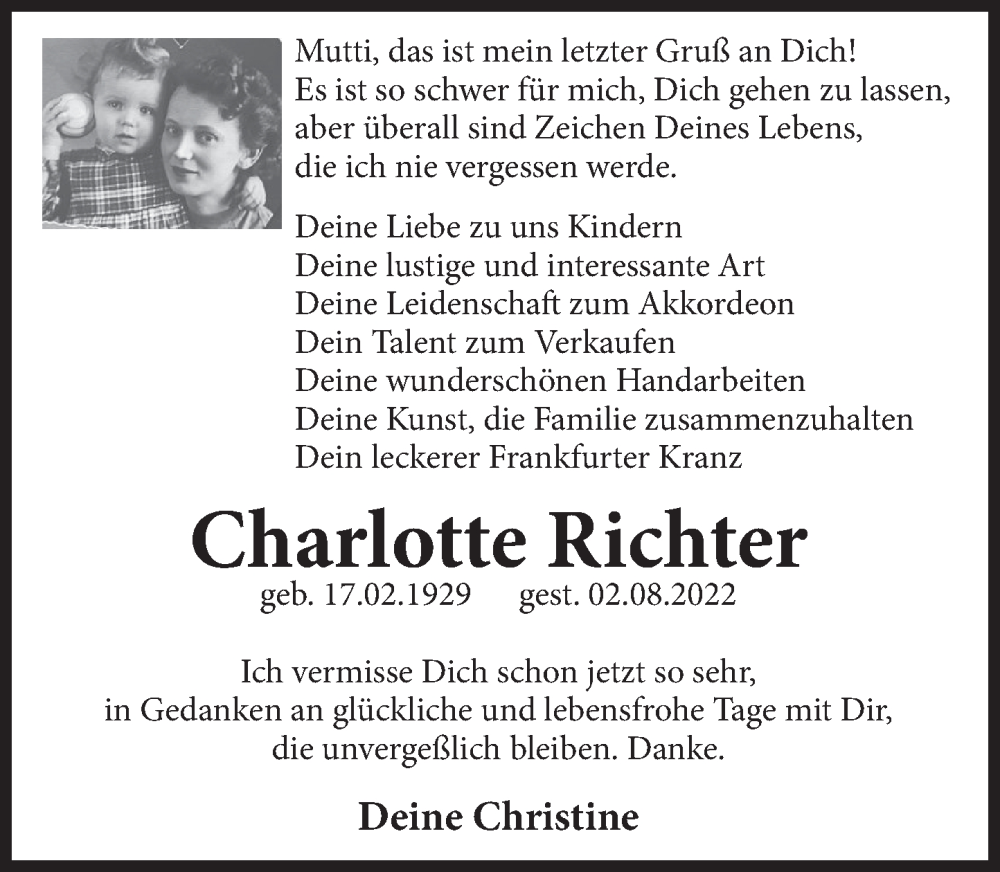  Traueranzeige für Charlotte Richter vom 08.08.2022 aus Deister- und Weserzeitung