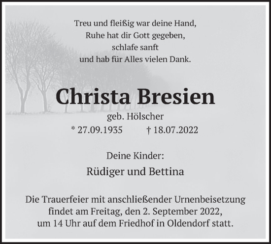 Traueranzeige von Christa Bresien von Deister- und Weserzeitung