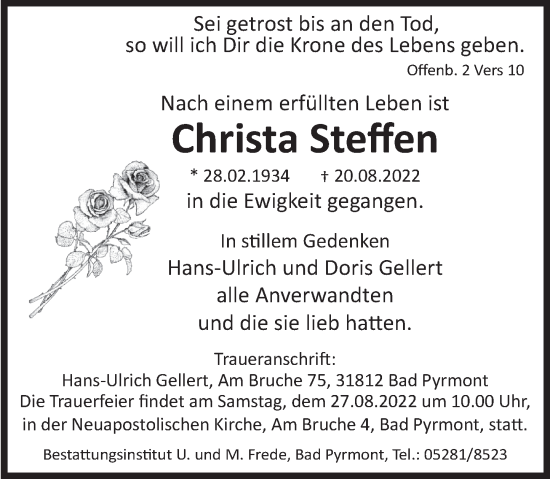 Traueranzeige von Christa Steffen von Deister- und Weserzeitung
