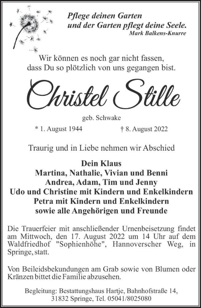  Traueranzeige für Christel Stille vom 13.08.2022 aus Neue Deister-Zeitung