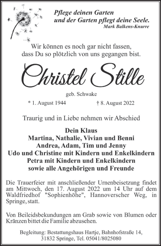 Traueranzeige von Christel Stille von Neue Deister-Zeitung