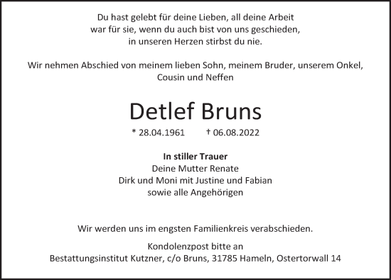 Traueranzeige von Detlef Bruns von Deister- und Weserzeitung