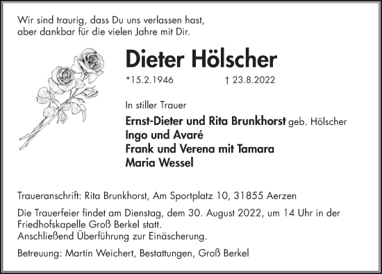 Traueranzeige von Dieter Hölscher von Deister- und Weserzeitung