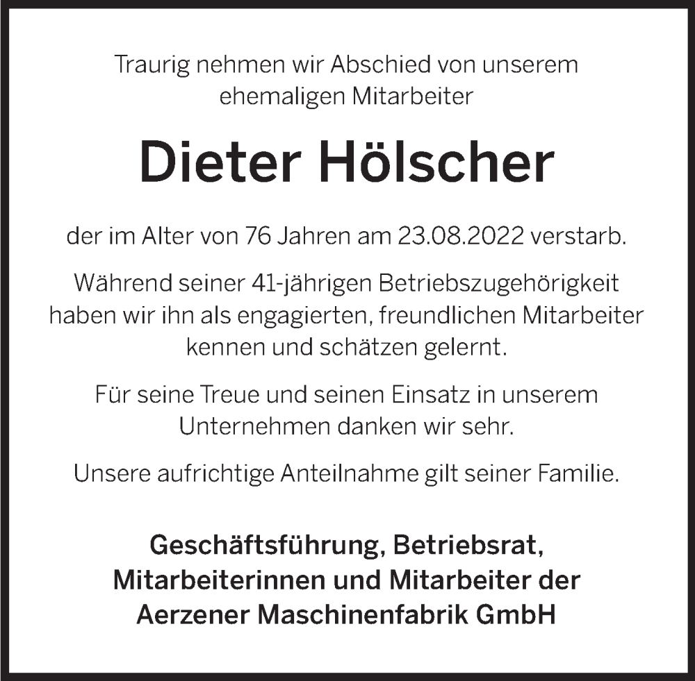  Traueranzeige für Dieter Hölscher vom 31.08.2022 aus Deister- und Weserzeitung