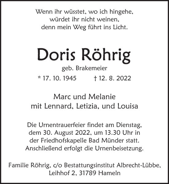 Traueranzeige von Doris Röhrig von Neue Deister-Zeitung