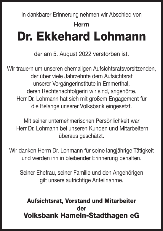 Traueranzeige von Ekkehard Lohmann von Deister- und Weserzeitung