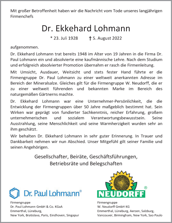 Traueranzeige von Ekkehard Lohmann von Deister- und Weserzeitung