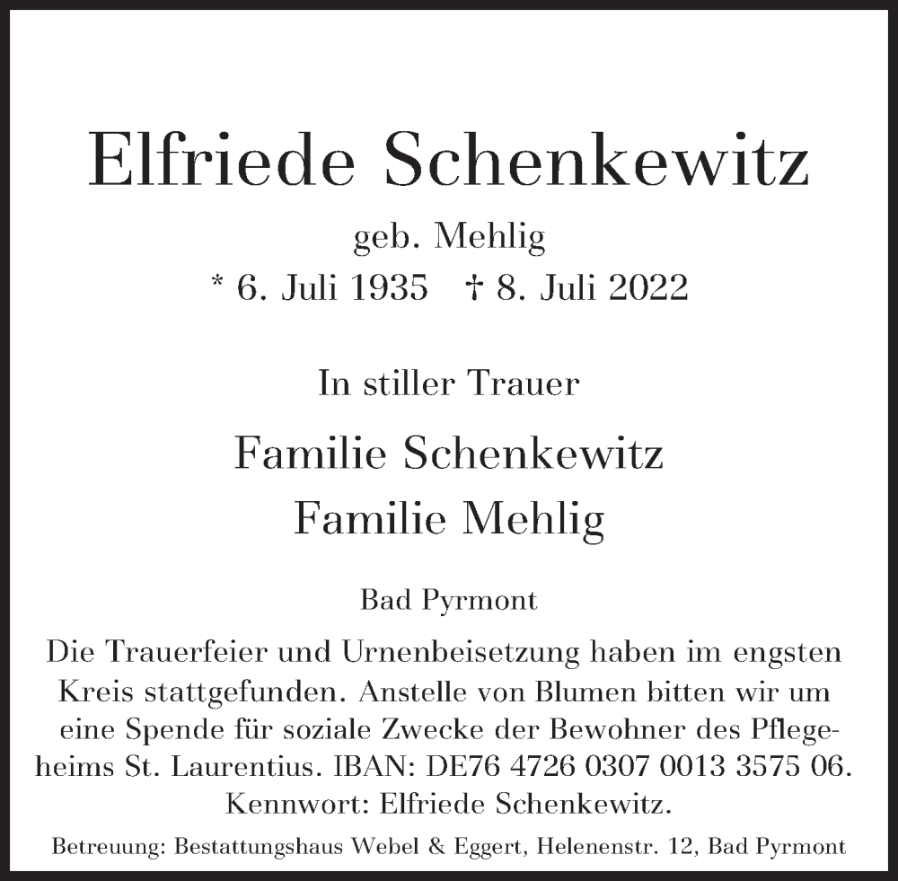  Traueranzeige für Elfriede Schenkewitz vom 06.08.2022 aus Deister- und Weserzeitung