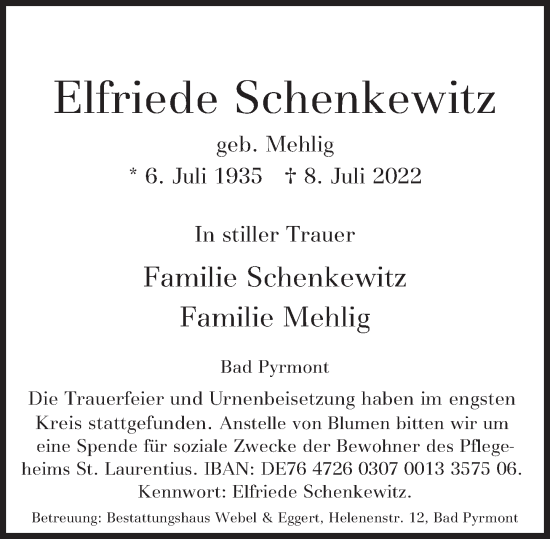 Traueranzeige von Elfriede Schenkewitz von Deister- und Weserzeitung
