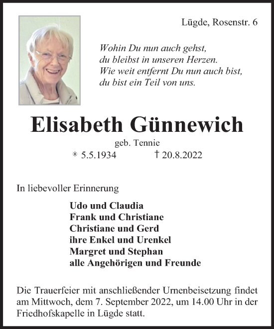 Traueranzeige von Elisabeth Günnewich von Deister- und Weserzeitung