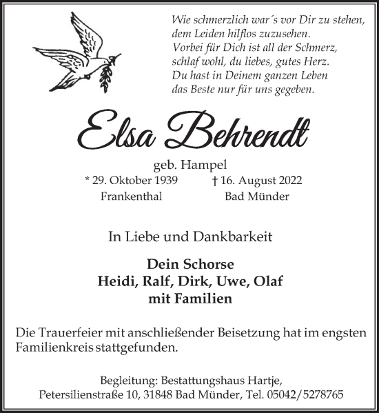 Traueranzeige von Elsa Behrend von Neue Deister-Zeitung