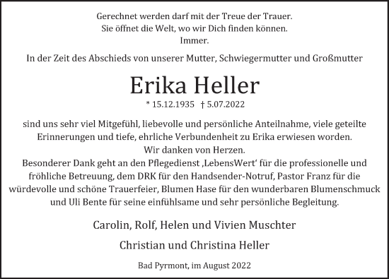 Traueranzeige von Erika Heller von Deister- und Weserzeitung