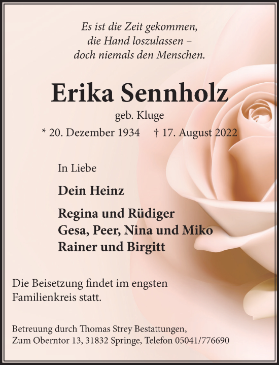 Traueranzeige von Erika Sennholz von Neue Deister-Zeitung