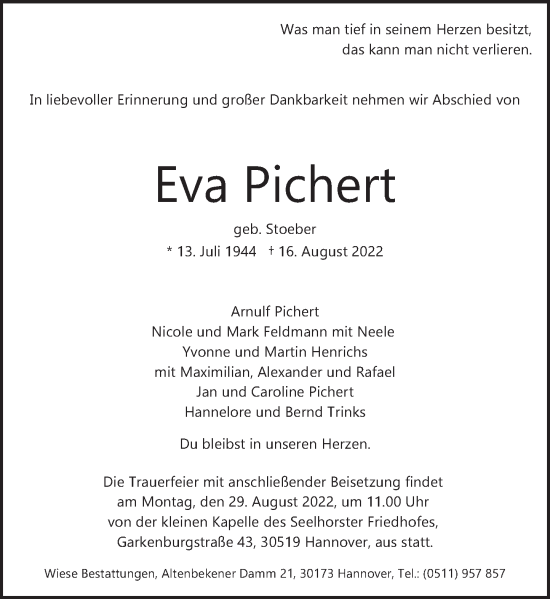 Traueranzeige von Eva Pichert von Deister- und Weserzeitung